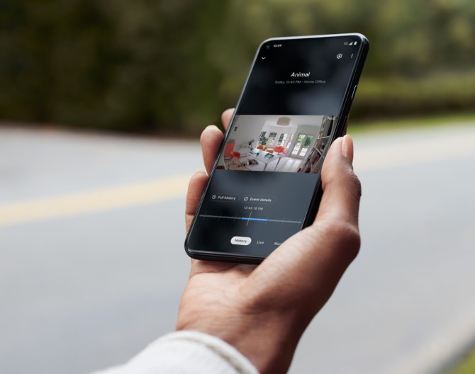 Hand holding a cell phone showing footage from his Google Nest Cam Hand holding a cell phone showing footage from his Google Nest Cam