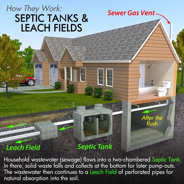 An image of a house explaining how septic tanks and leach fields work An image of a house explaining how septic tanks and leach fields work