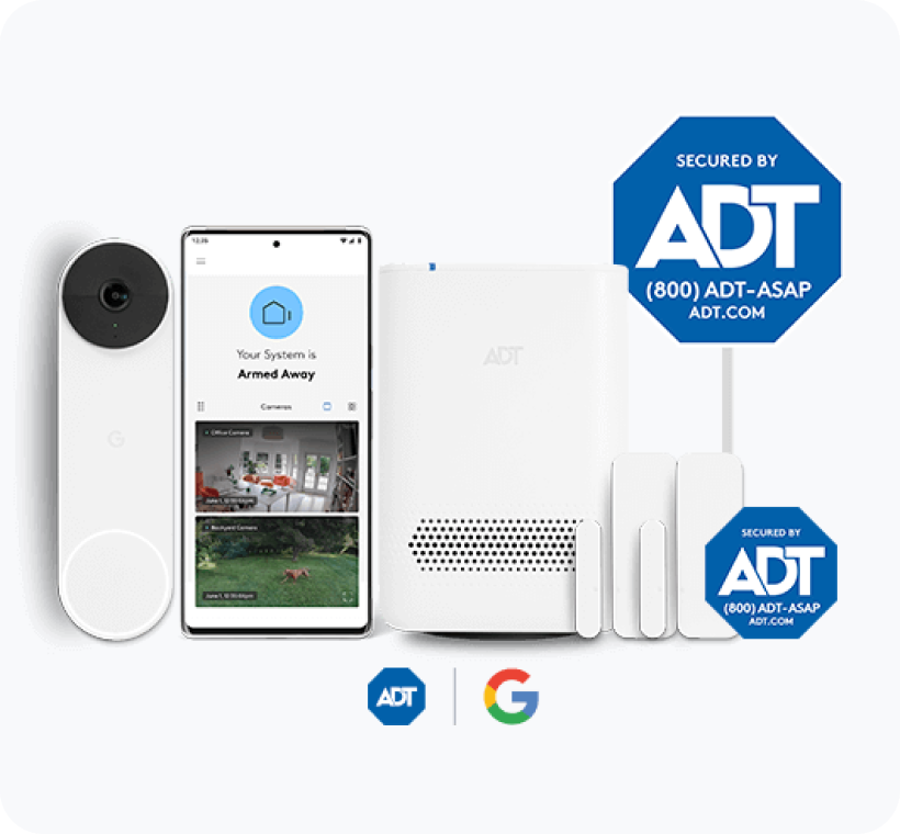 ADT Starter Package with hub, Google Nest Doorbell, video footage on the ADT app, etc.