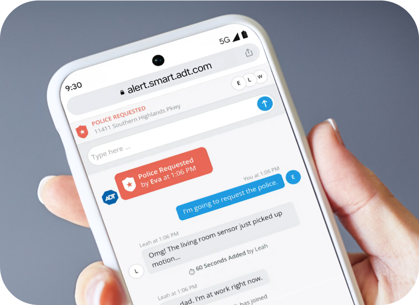 Hand holding a cell phone with the ADT Alarm Messenger app request police feature