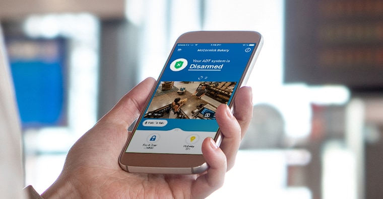 Hand holding cell phone with the ADT app Hand holding cell phone with the ADT app